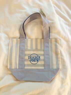 NWT Trader Joes Light Blue Striped Canvas Mini Tote Bag